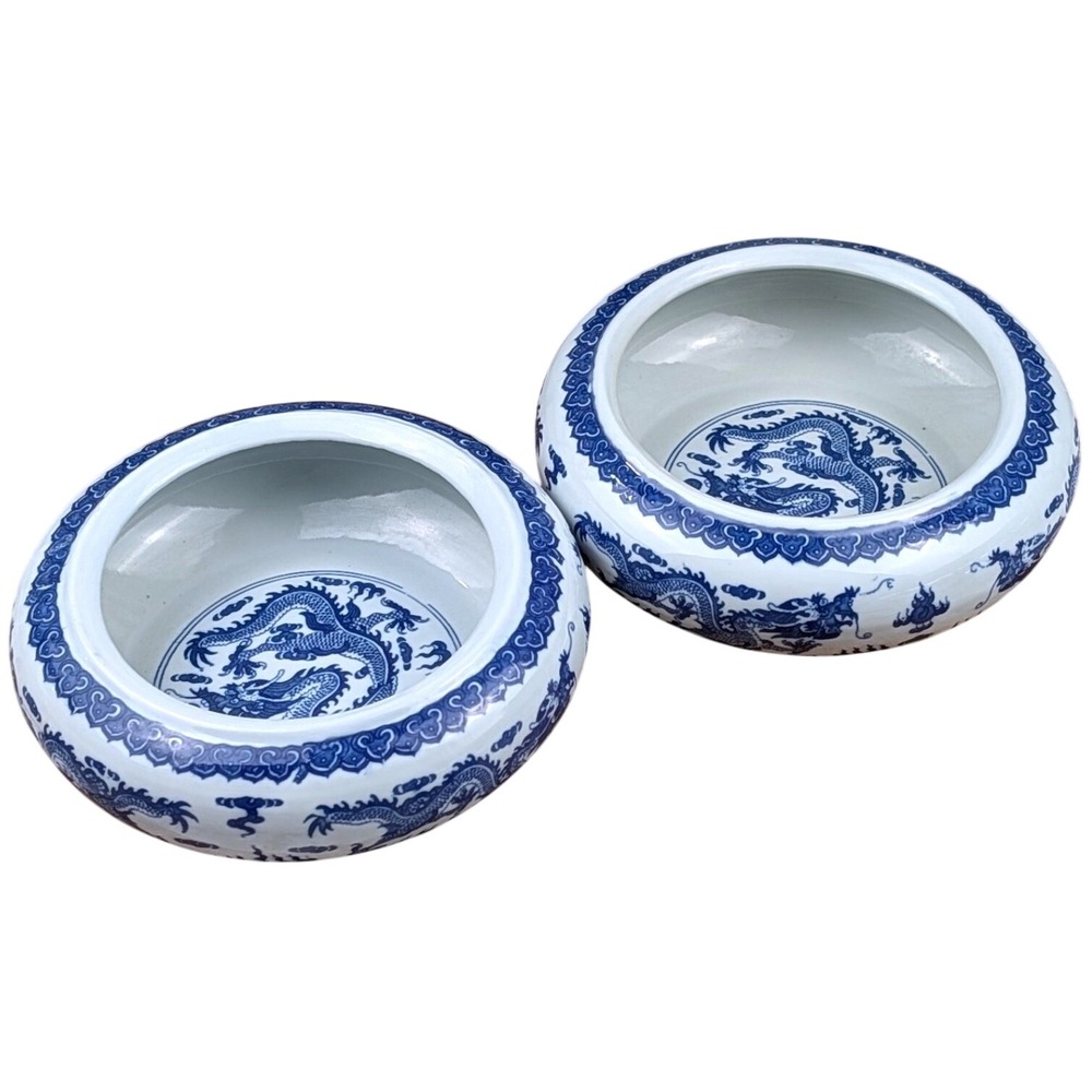 Blue and White Porcelain Dragon Planter Pots Set of 2 Chinoiserie Bowls 8 inch